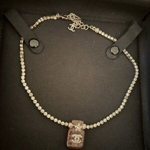 CHANEL Silver Necklace with Pink Crystal Pendant